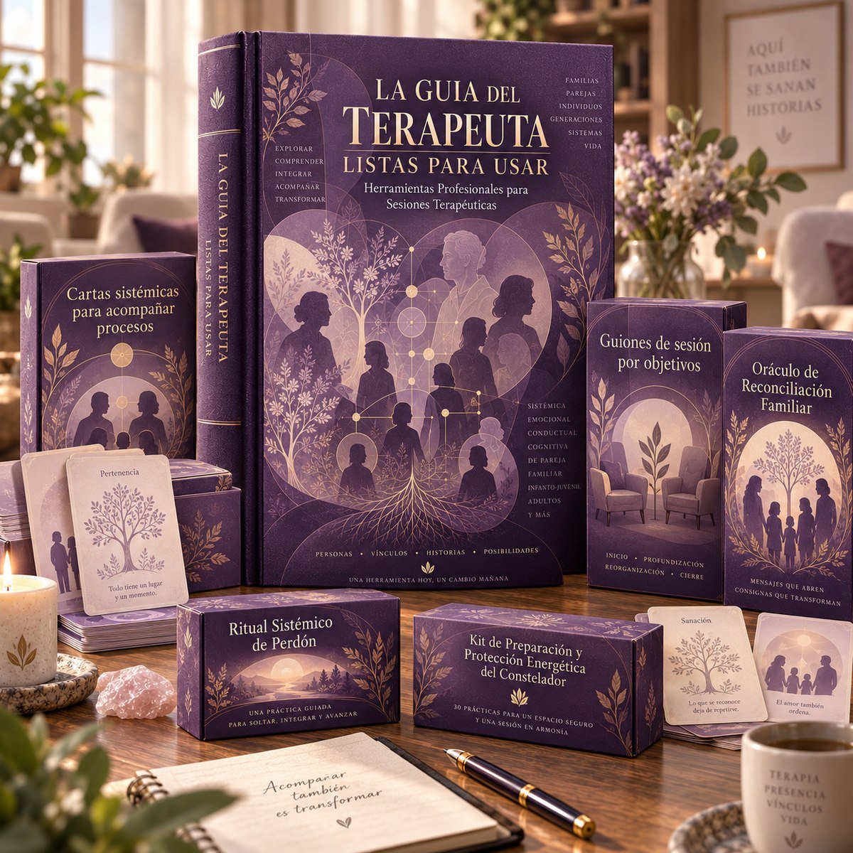 Kit completo La Guía del Terapeuta: libro principal, cartas sistémicas, guiones de sesión, oráculo de reconciliación familiar, ritual sistémico de perdón y kit de protección energética