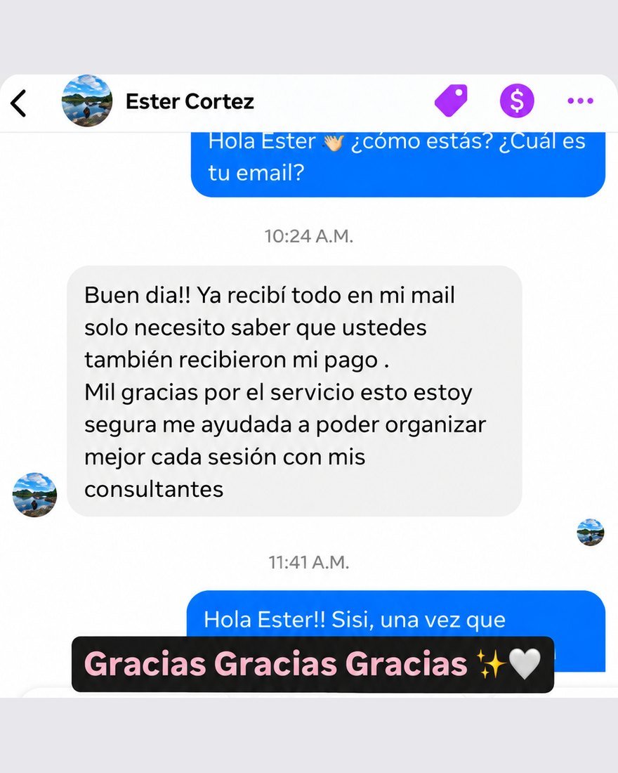 Captura real: clienta confirma que recibió todo el material en su mail